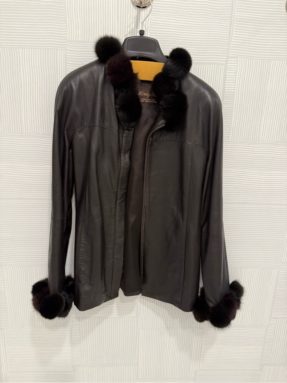 Henig Furs Women's Dark Brown Leather Jacket with Fur Trim